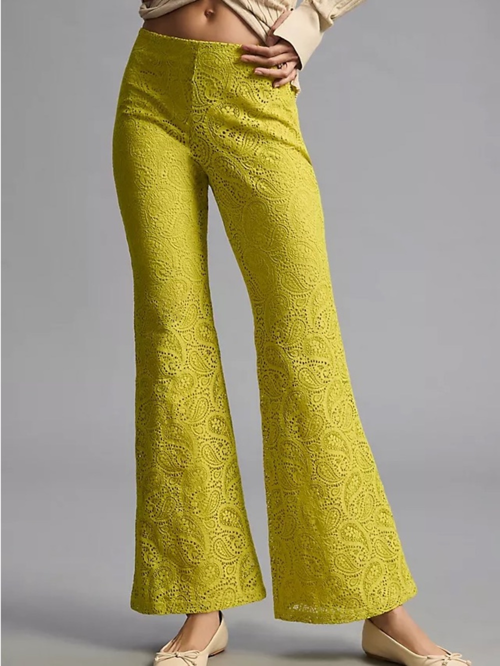 Anthropologie Chartreuse Lace Flared Pants